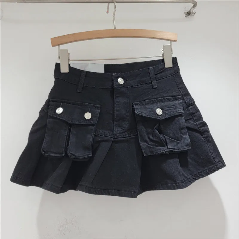 Wenkouban discover style ideas Age-Reducing Pocket Denim Small Skirt Women's Small Hot Girl Pleated Skirt Retro High Waist Anti-Exposure A- line Skirt