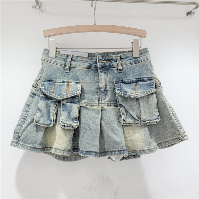 Wenkouban discover style ideas Age-Reducing Pocket Denim Small Skirt Women's Small Hot Girl Pleated Skirt Retro High Waist Anti-Exposure A- line Skirt