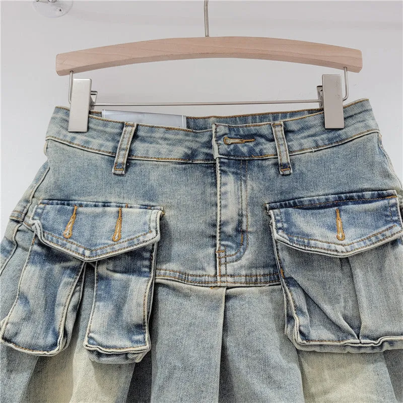 Wenkouban discover style ideas Age-Reducing Pocket Denim Small Skirt Women's Small Hot Girl Pleated Skirt Retro High Waist Anti-Exposure A- line Skirt