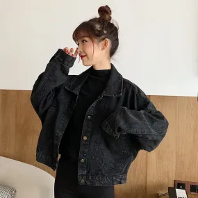 Wenkouban Harajuku Black Denim Short Jacket Women Korean Loose Bomber Jacket Female Outerwear Streetwear Long Sleeve Casual Overcoat Mujer