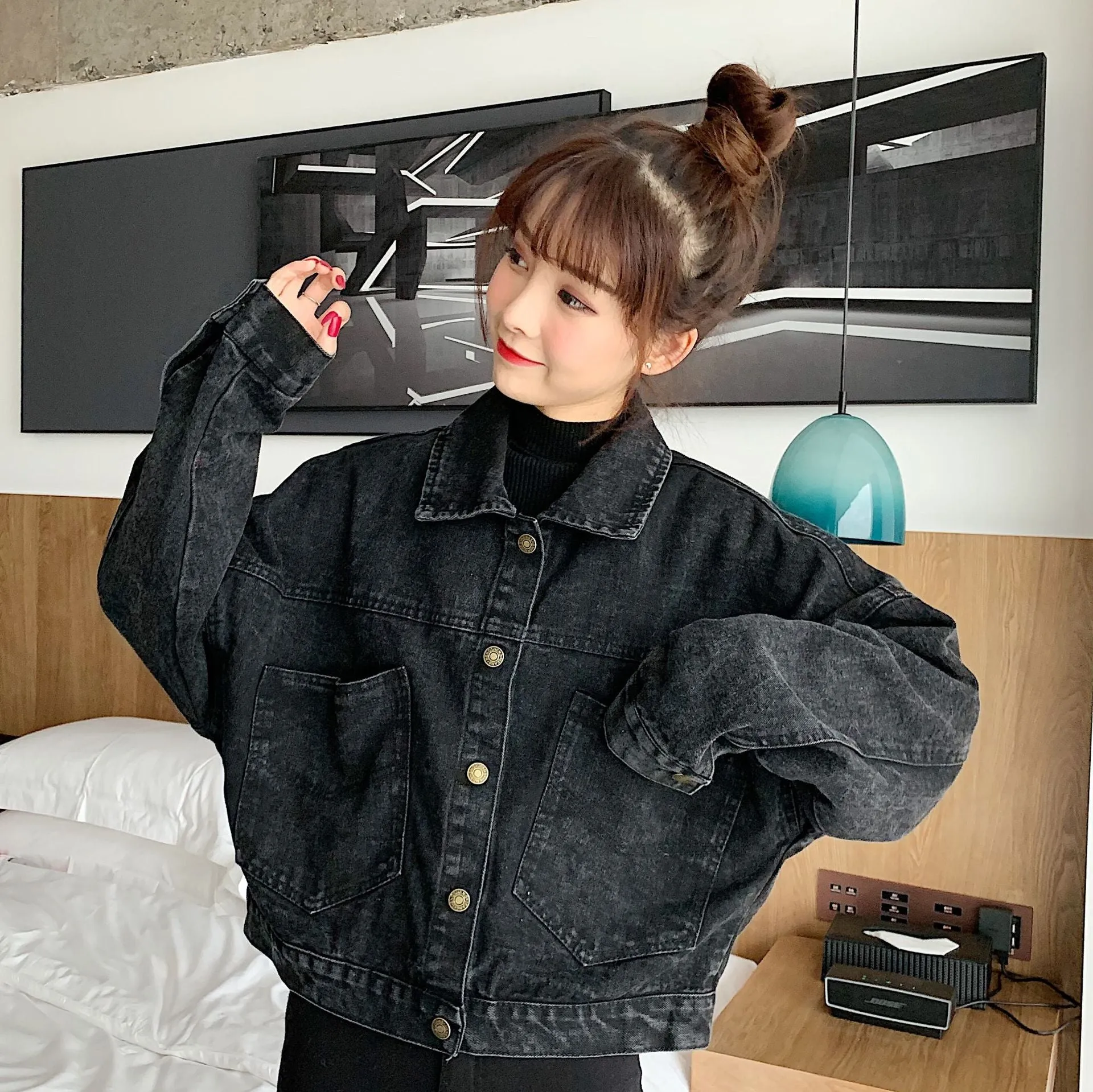 Wenkouban Harajuku Black Denim Short Jacket Women Korean Loose Bomber Jacket Female Outerwear Streetwear Long Sleeve Casual Overcoat Mujer