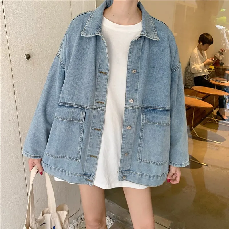 Wenkouban Harajuku Black Denim Short Jacket Women Korean Loose Bomber Jacket Female Outerwear Streetwear Long Sleeve Casual Overcoat Mujer