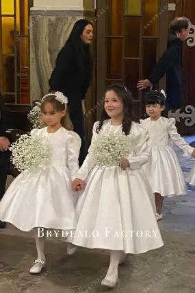 White Satin Long Sleeves Tea-Length Puffy Flower Girl Dress