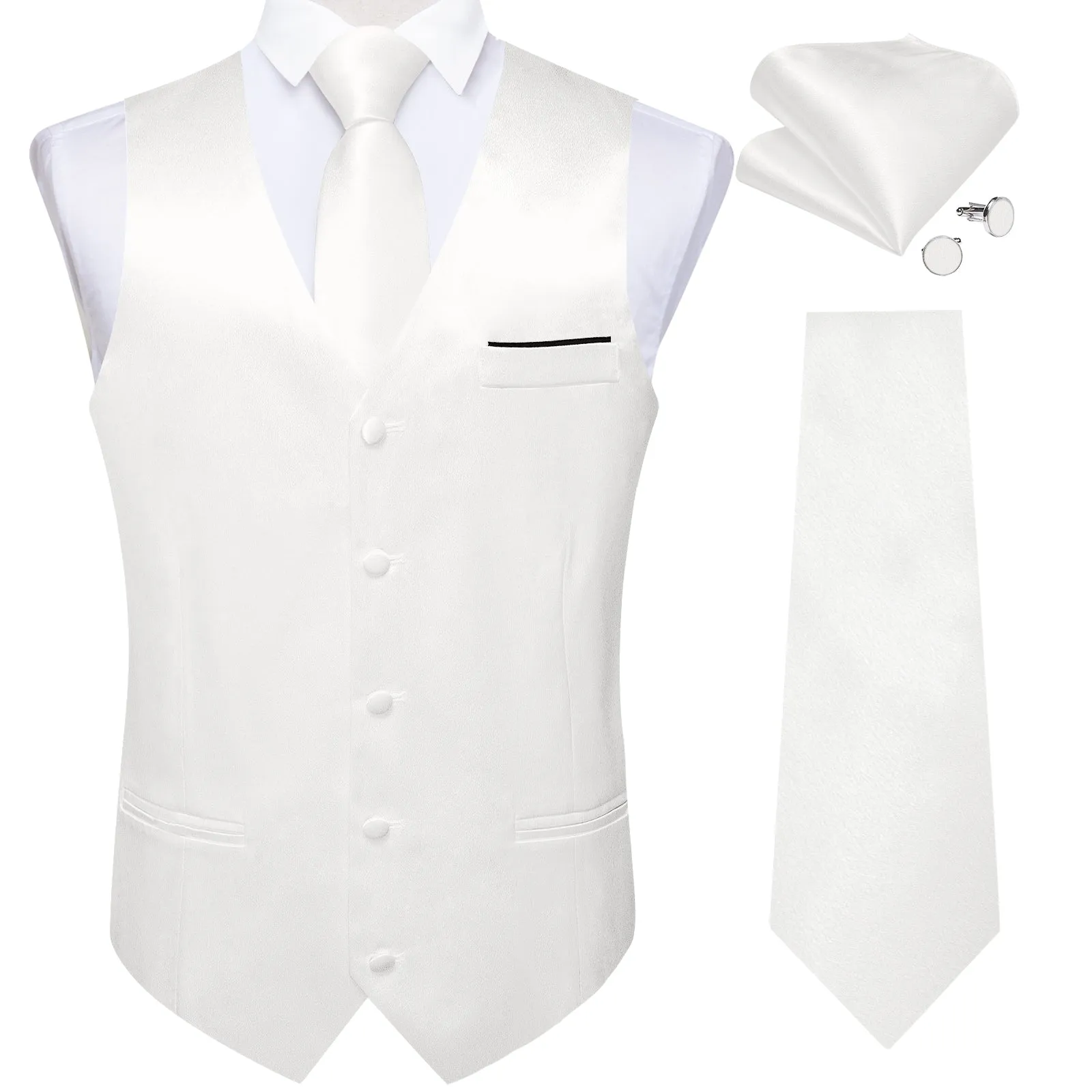 White Solid Shining Silk Men Vest Necktie Bow Tie Handkerchief Cufflinks Set