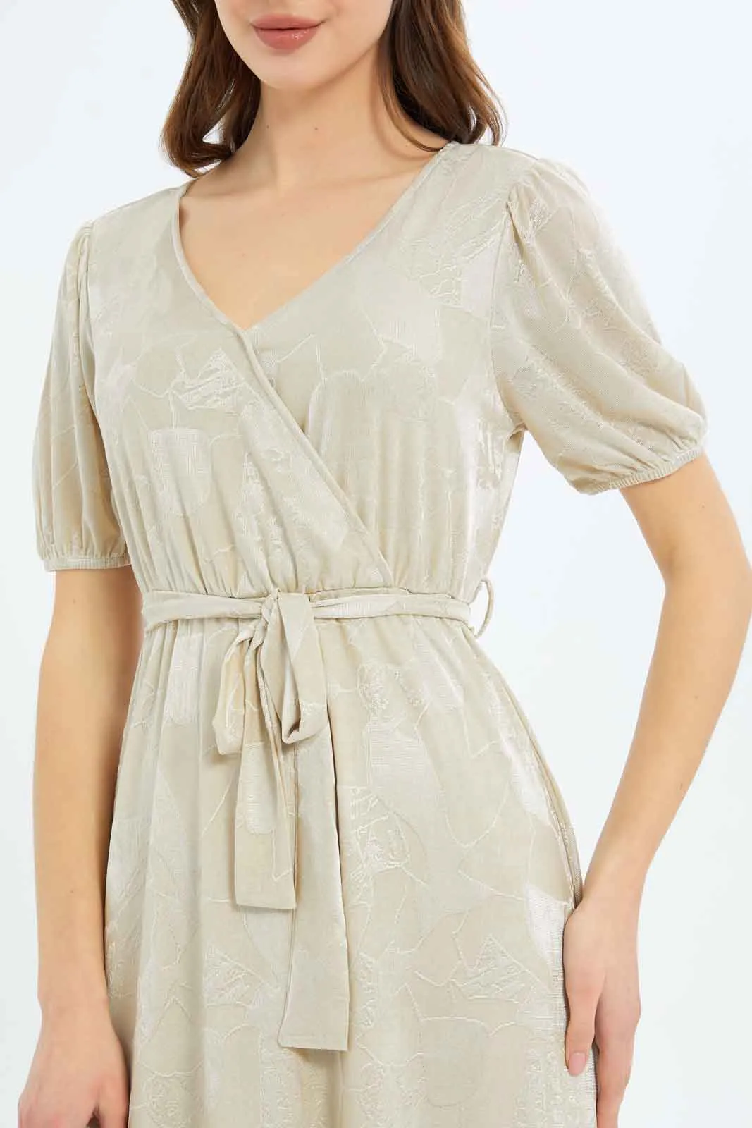 Women Beige Jacquard Wrap Dress