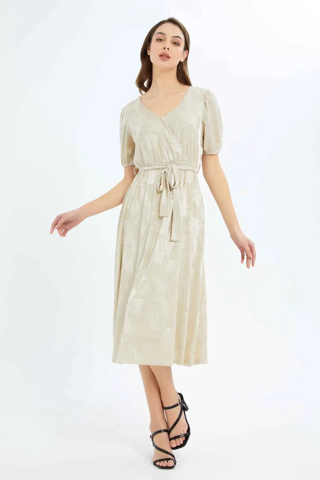 Women Beige Jacquard Wrap Dress