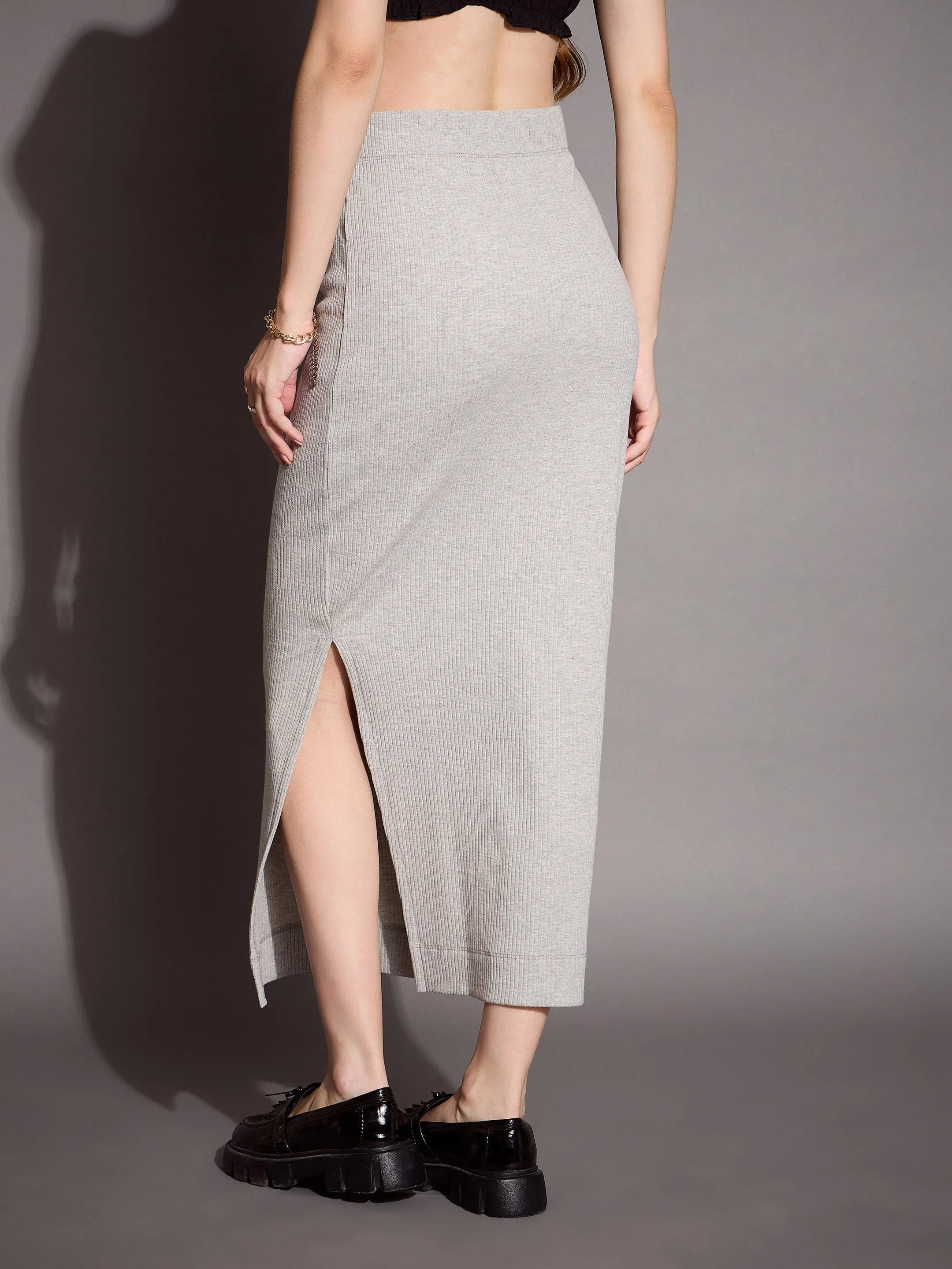 Women Grey Mellange Rib Pencil Skirt