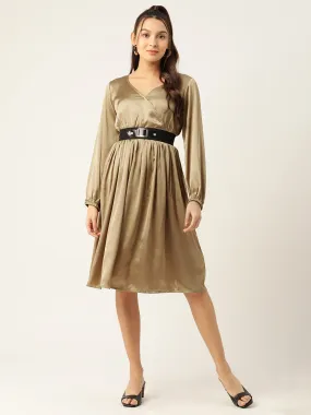 Women Puff Sleeves Satin Wrap Dress With Belt