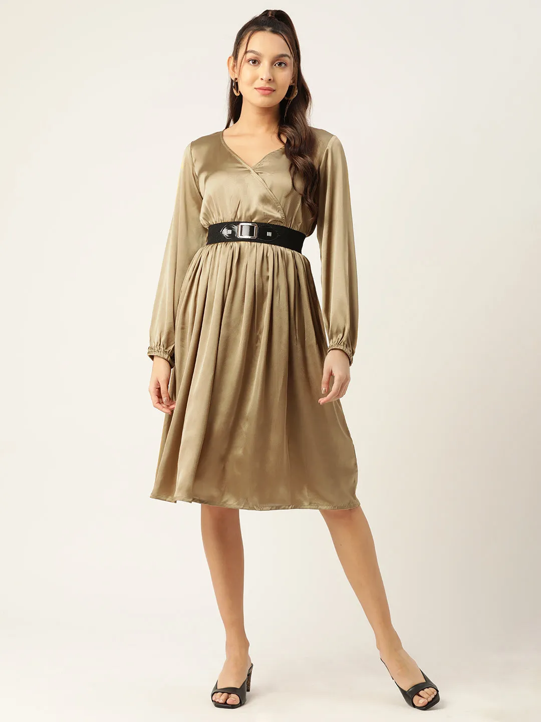 Women Puff Sleeves Satin Wrap Dress With Belt