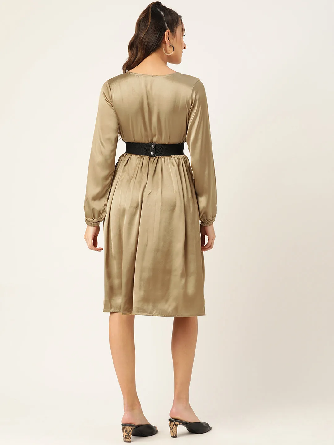 Women Puff Sleeves Satin Wrap Dress With Belt