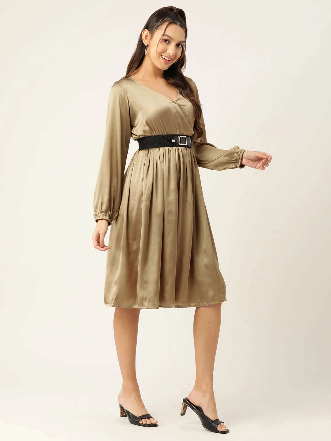 Women Puff Sleeves Satin Wrap Dress With Belt