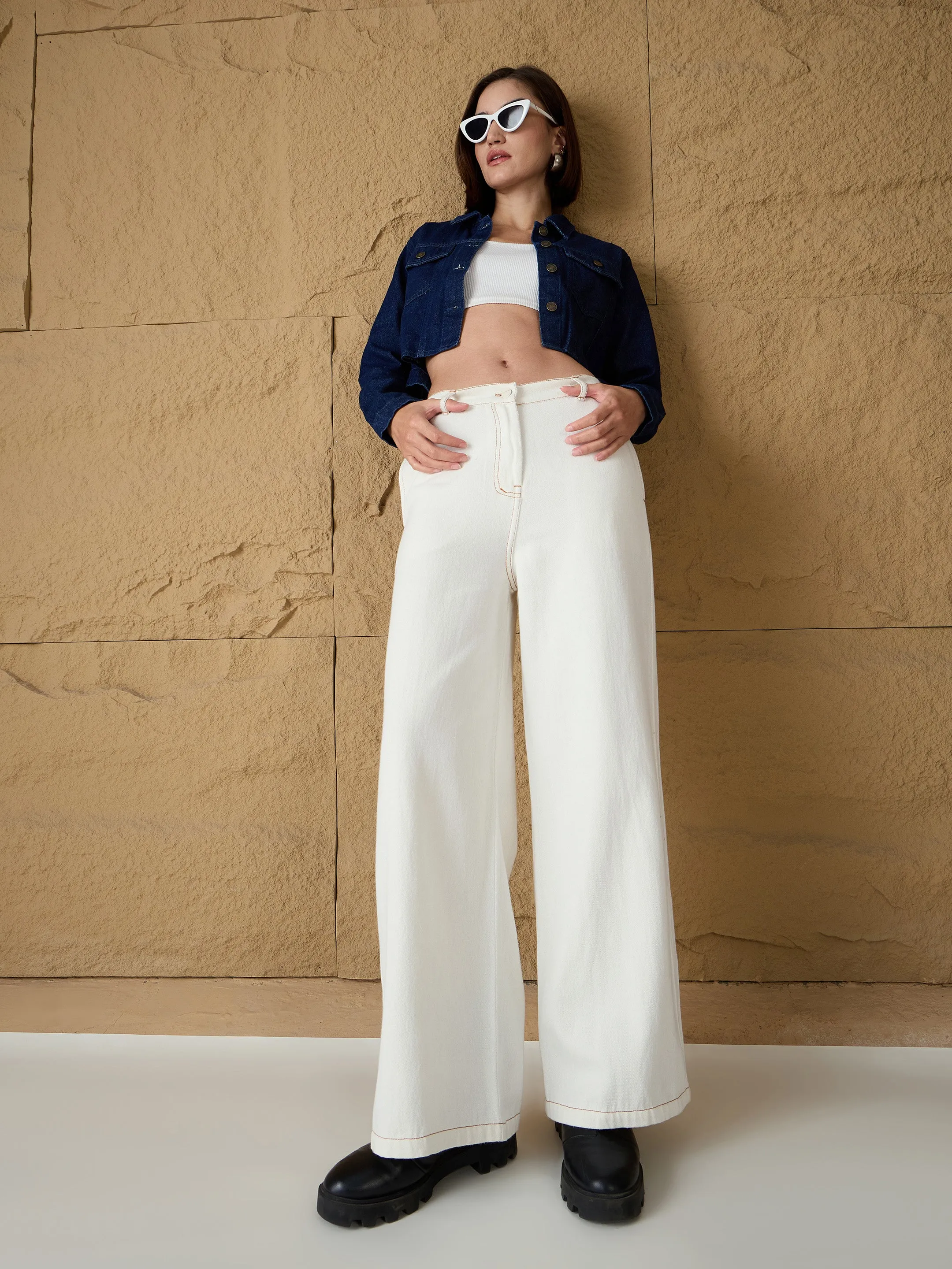 Women White Denim Flared Pants