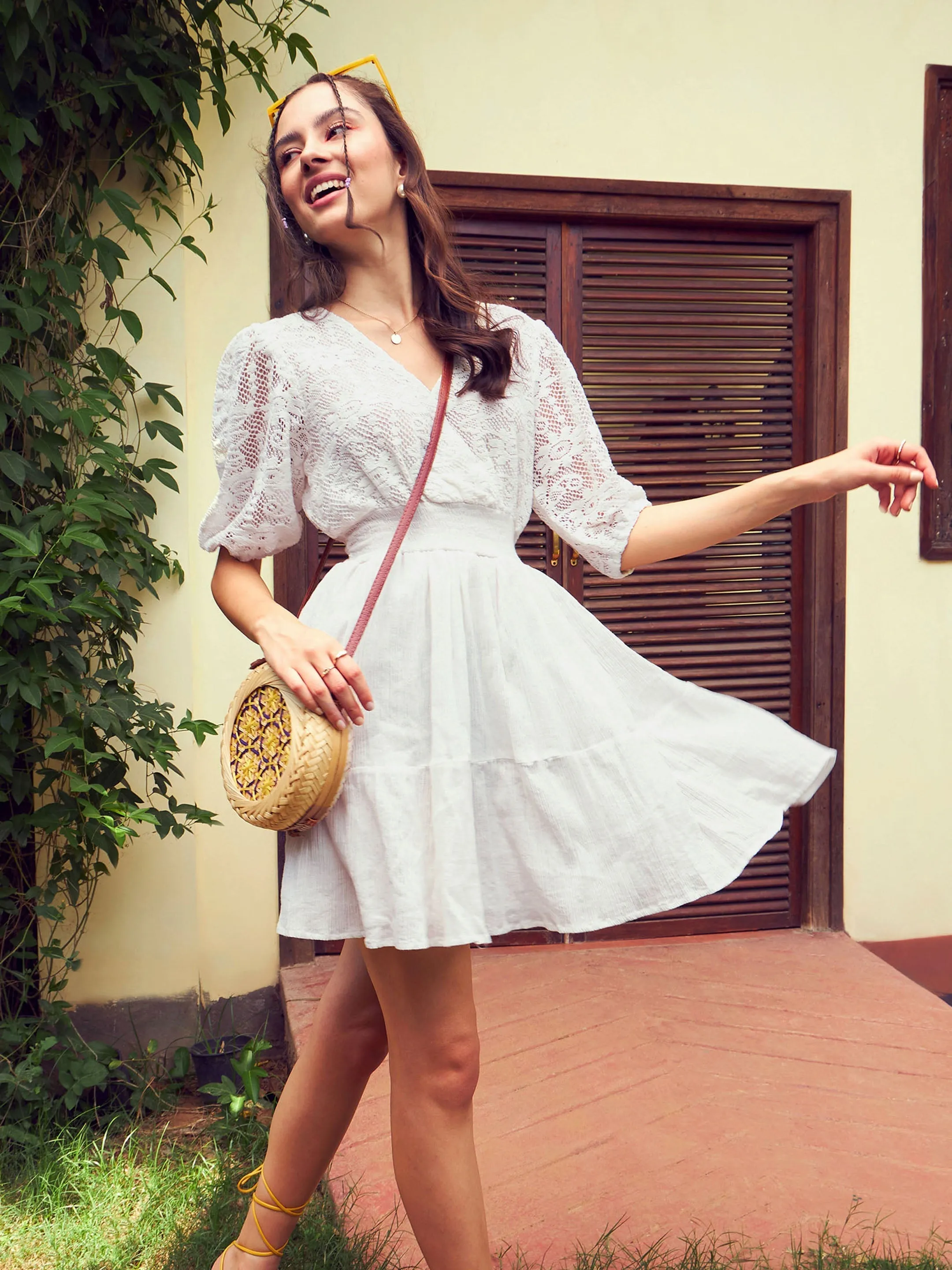 Women White Front Wrap Lace Skater Dress