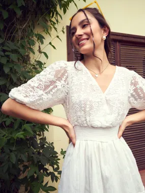 Women White Front Wrap Lace Skater Dress