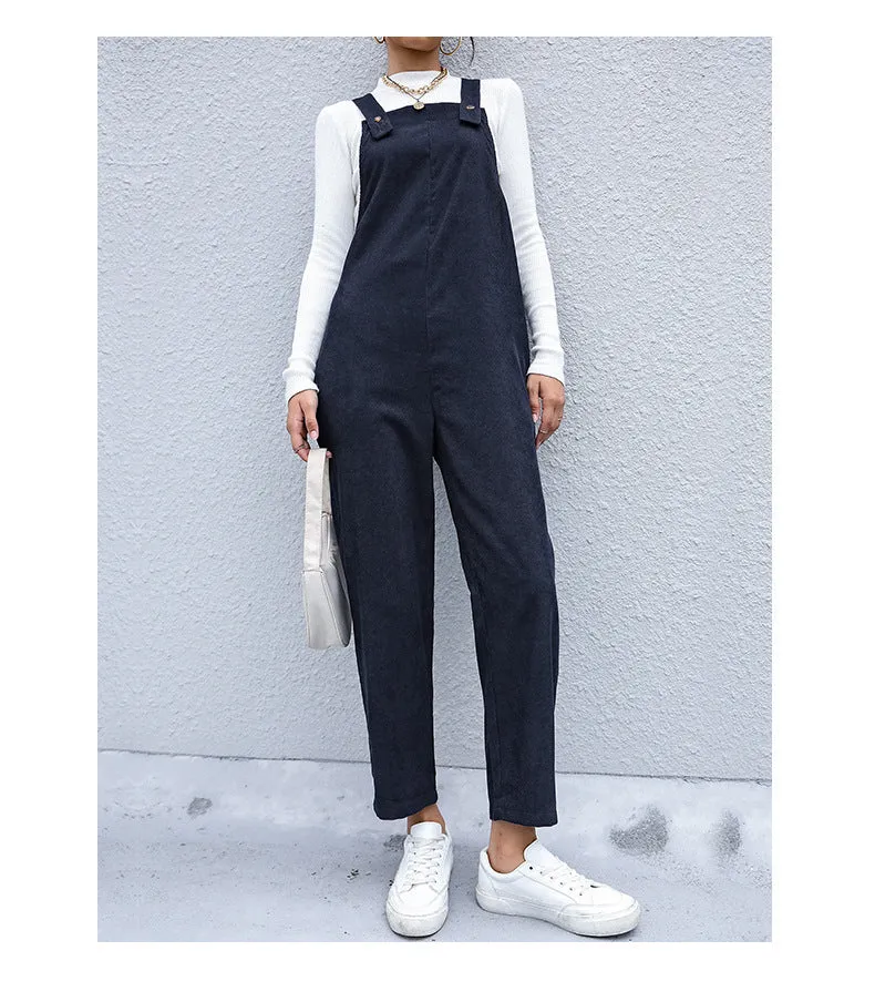 Women's Autumn Warm Corduroy Loose Solid Color Suspender Pants