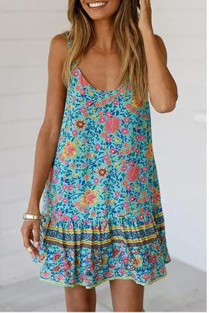 Womens Boho Floral Printed Dress Summer Sleeveless Adjustable Strap Beach Mini Dress with Pockets