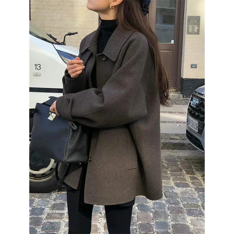 Wool Blends Coats Women Vintage Woolen Jackets Streetwear Korean Commute Outerwear Winter Ladies Elegant Chic Overcoat New