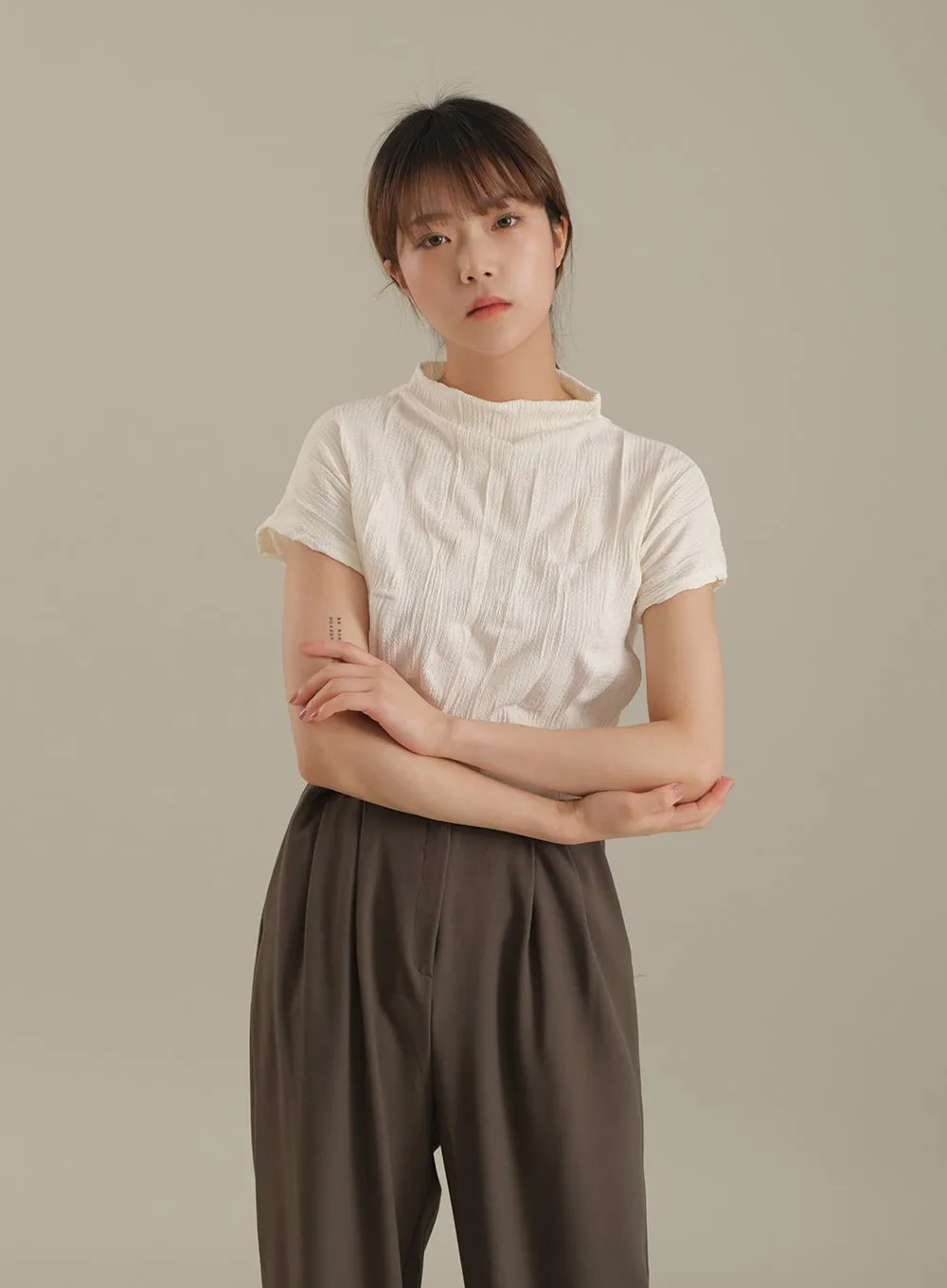 Wrinkle Short Sleeve Turtleneck Top