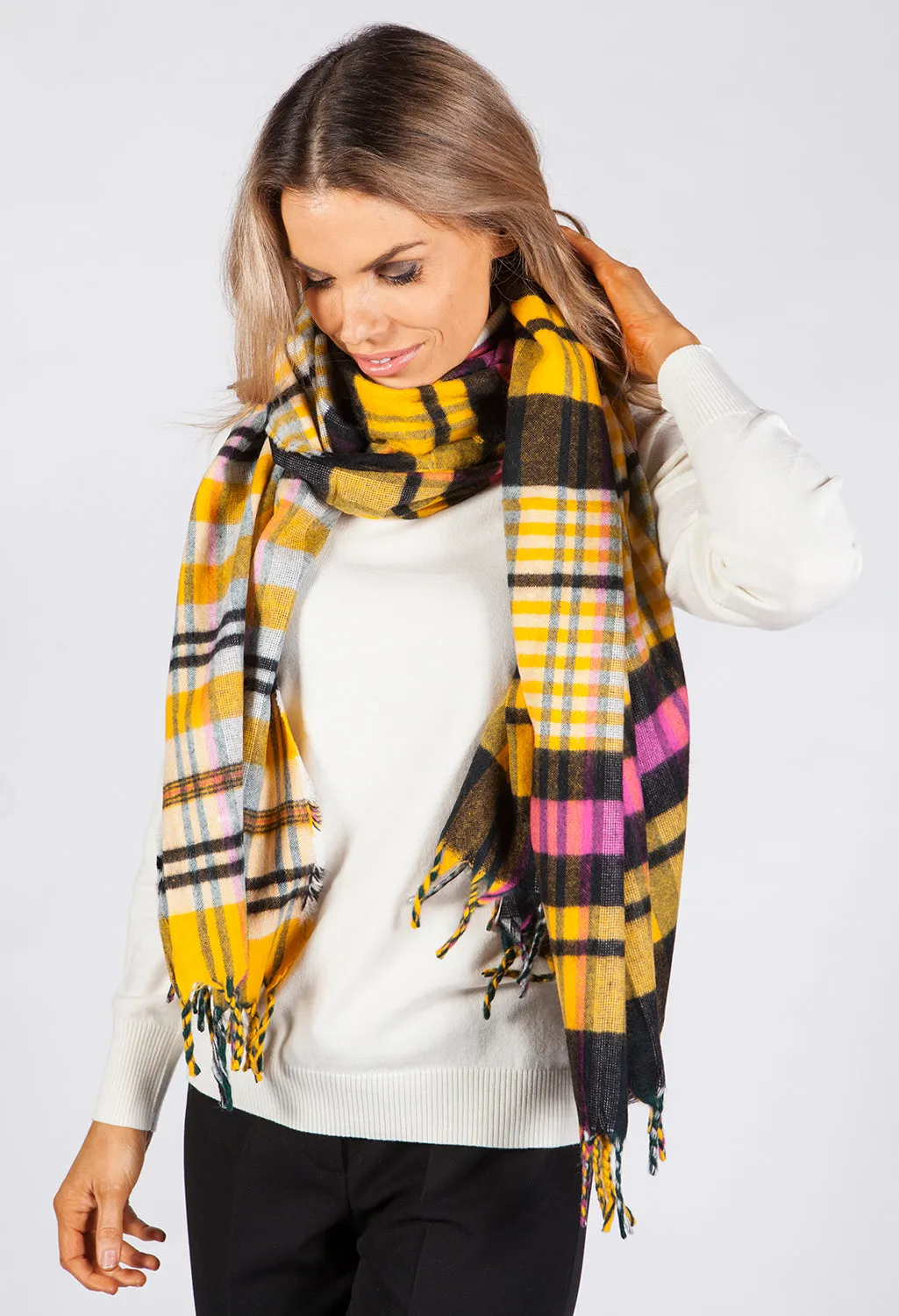 Yellow Checked Knit Scarf