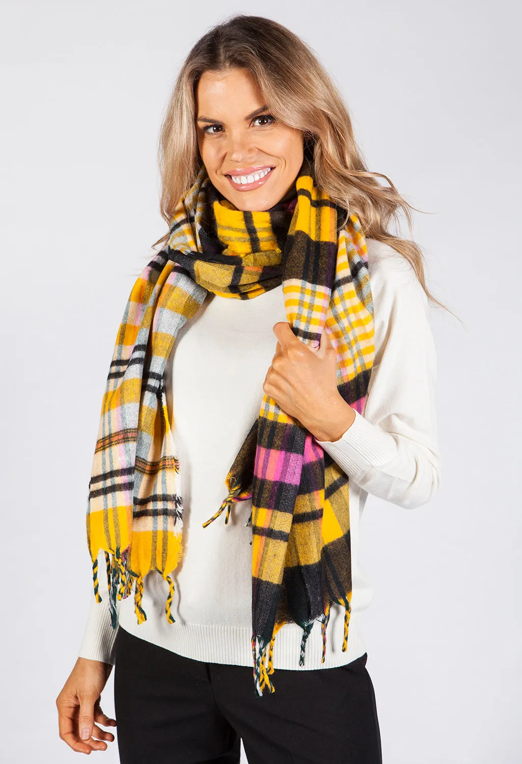 Yellow Checked Knit Scarf