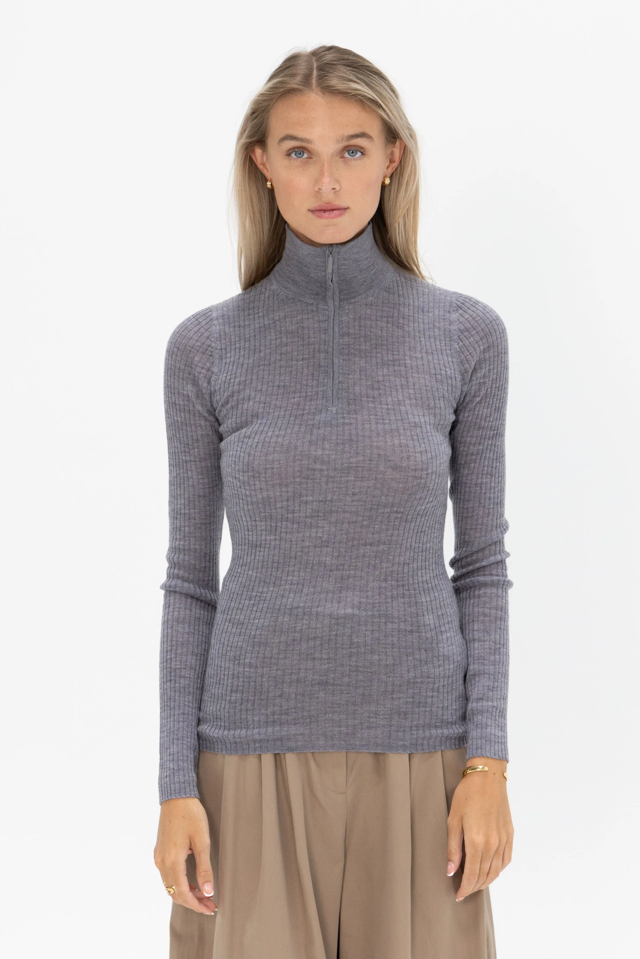 Zip-Up Turtleneck Sweater, Grey