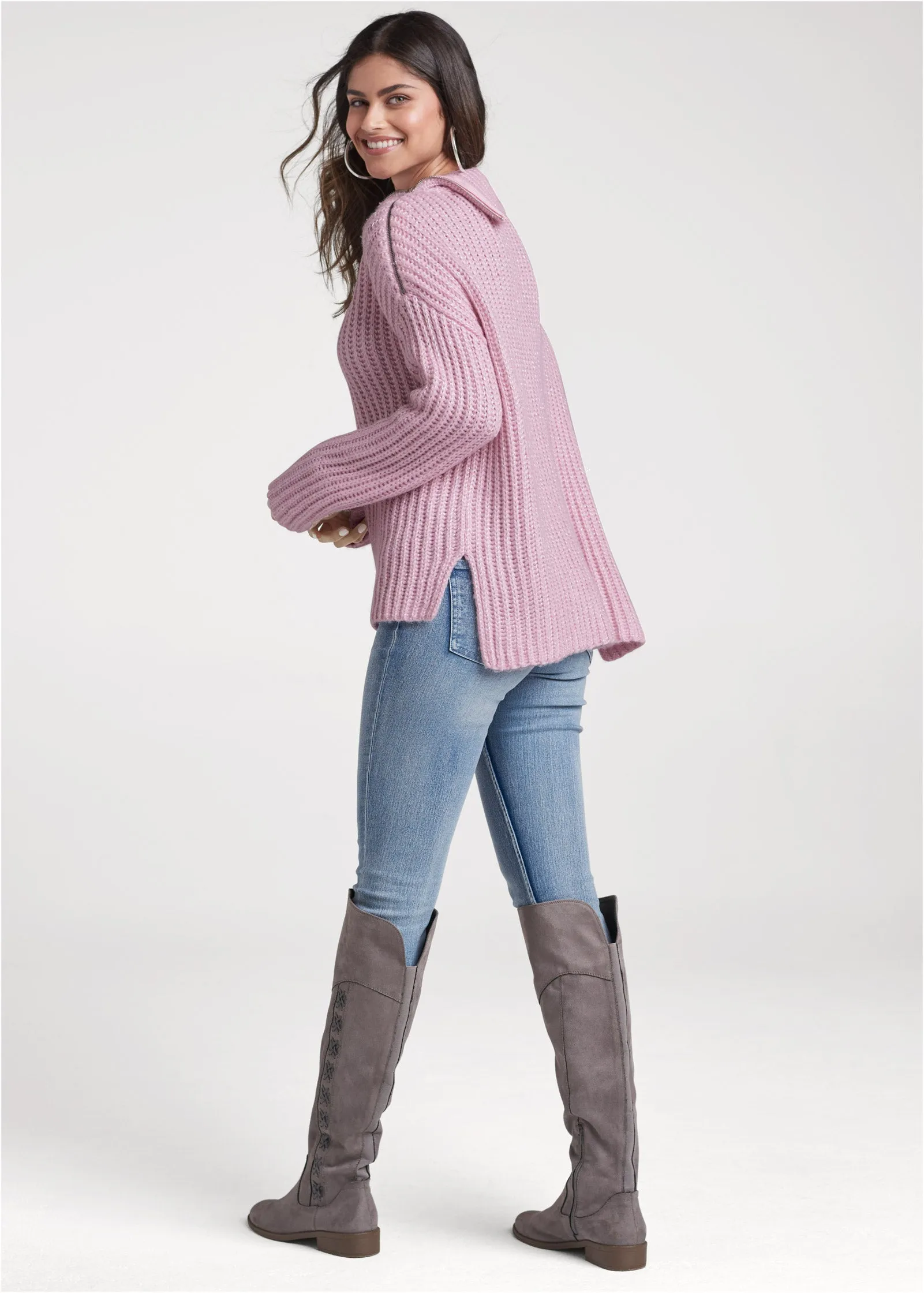 Zipper Detail Sweater - Pink